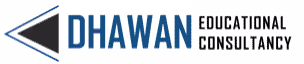 Logo of Dhawan Educational Consultancy with a triangular graphic to the left and bold blue and black text.