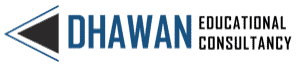 Logo of Dhawan Educational Consultancy with a triangular graphic to the left and bold blue and black text.