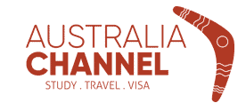 Logo for Australia Channel with text 'AUSTRALIA CHANNEL' and tagline 'STUDY . TRAVEL . VISA' featuring a stylized boomerang design.