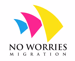 Logo with three overlapping abstract shapes in blue, pink, and yellow above the text 'NO WORRIES MIGRATION'.