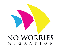 Logo with three overlapping abstract shapes in blue, pink, and yellow above the text 'NO WORRIES MIGRATION'.