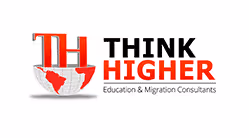 Logo with red letters 'TH' above a stylized globe and the text 'THINK HIGHER Education & Migration Consultants'.