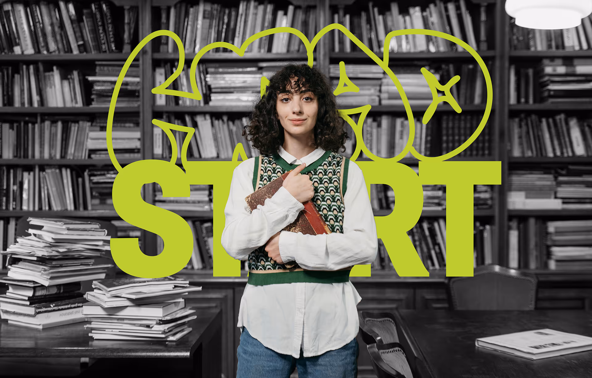 Young woman with curly hair holding a book in a library, standing confidently in front of shelves filled with books and a neon green 'HEAD START' text overlay.