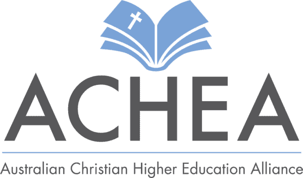 Logo of ACHEA featuring an open book with a cross above the acronym and the text Australian Christian Higher Education Alliance below a horizontal line.