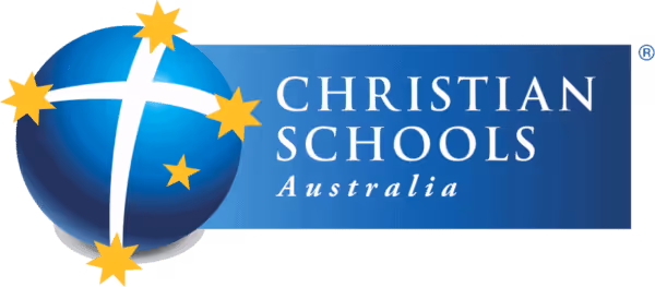Christian Schools Australia logo with a blue globe featuring a white cross and five golden stars next to the text 'Christian Schools Australia' in white.