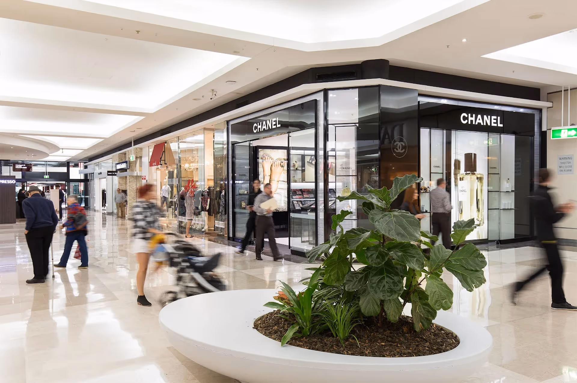 Shoppers walking past a Chanel store inside a bright, modern shopping mall with a large indoor plant in the foreground.