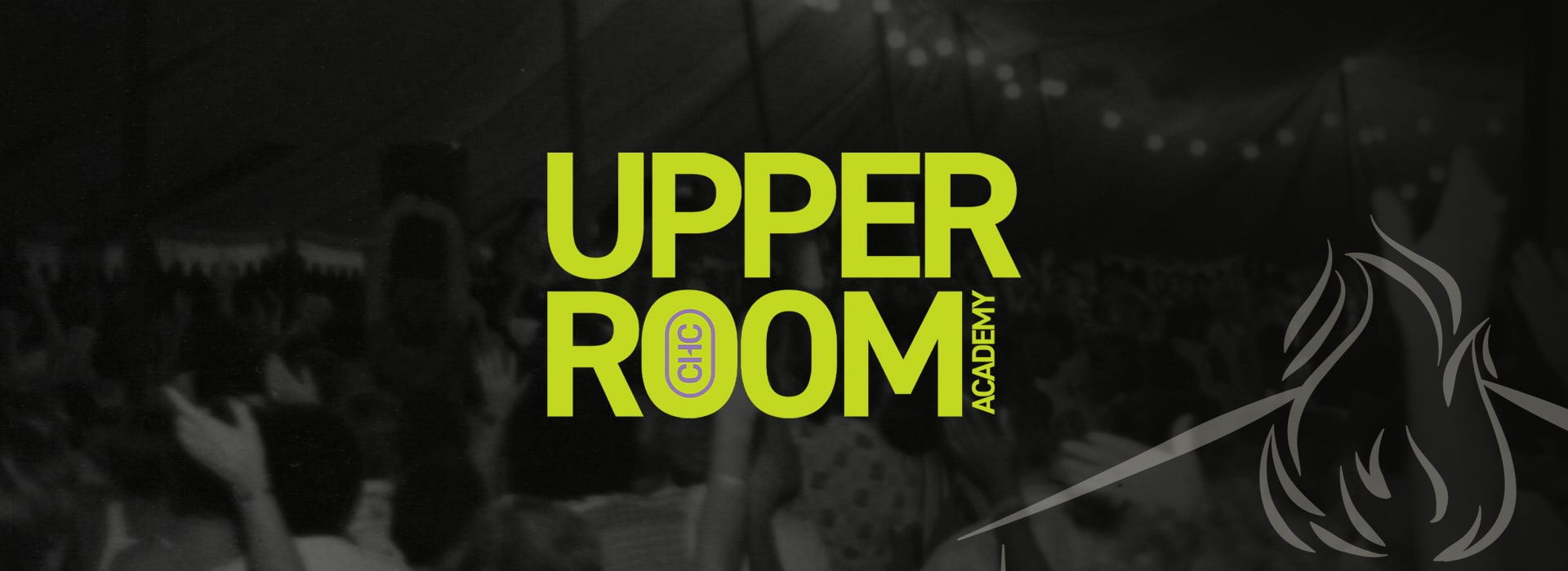 Logo for Upper Room Academy with crowd and stage lights in a dark event setting.