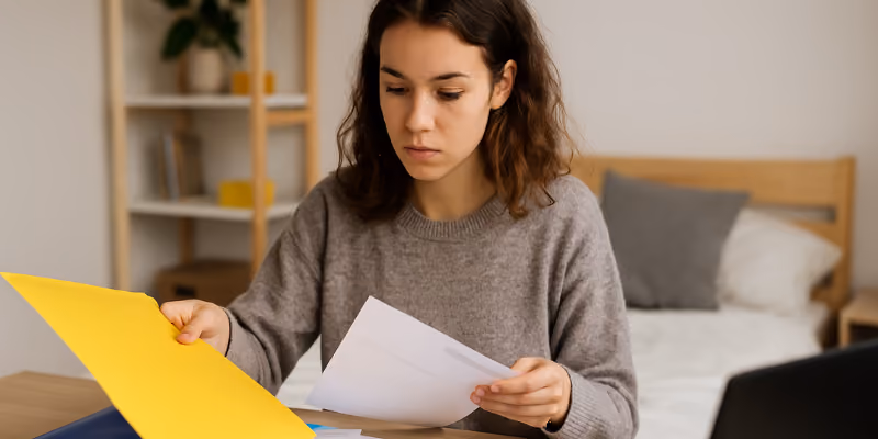 une étudiante qui trie ses documents