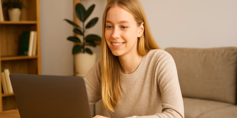 une étudiante devant son ordinateur