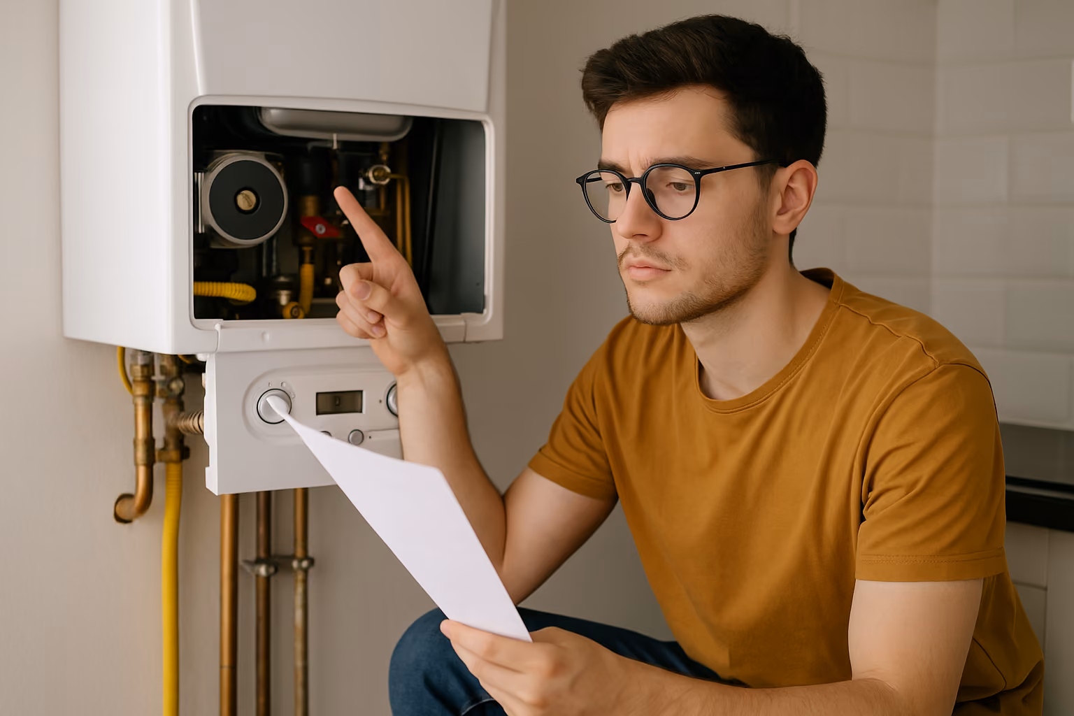 un étudiant face à une chaudière