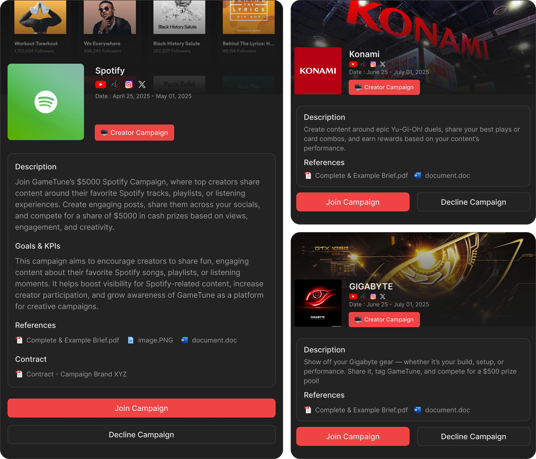 Three campaign cards for Spotify, Konami, and Gigabyte displaying campaign descriptions, goals, references, and options to join or decline each campaign.