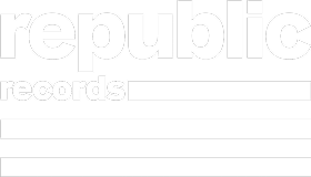 Republic Records logo with bold white text on black and white horizontal stripes background.