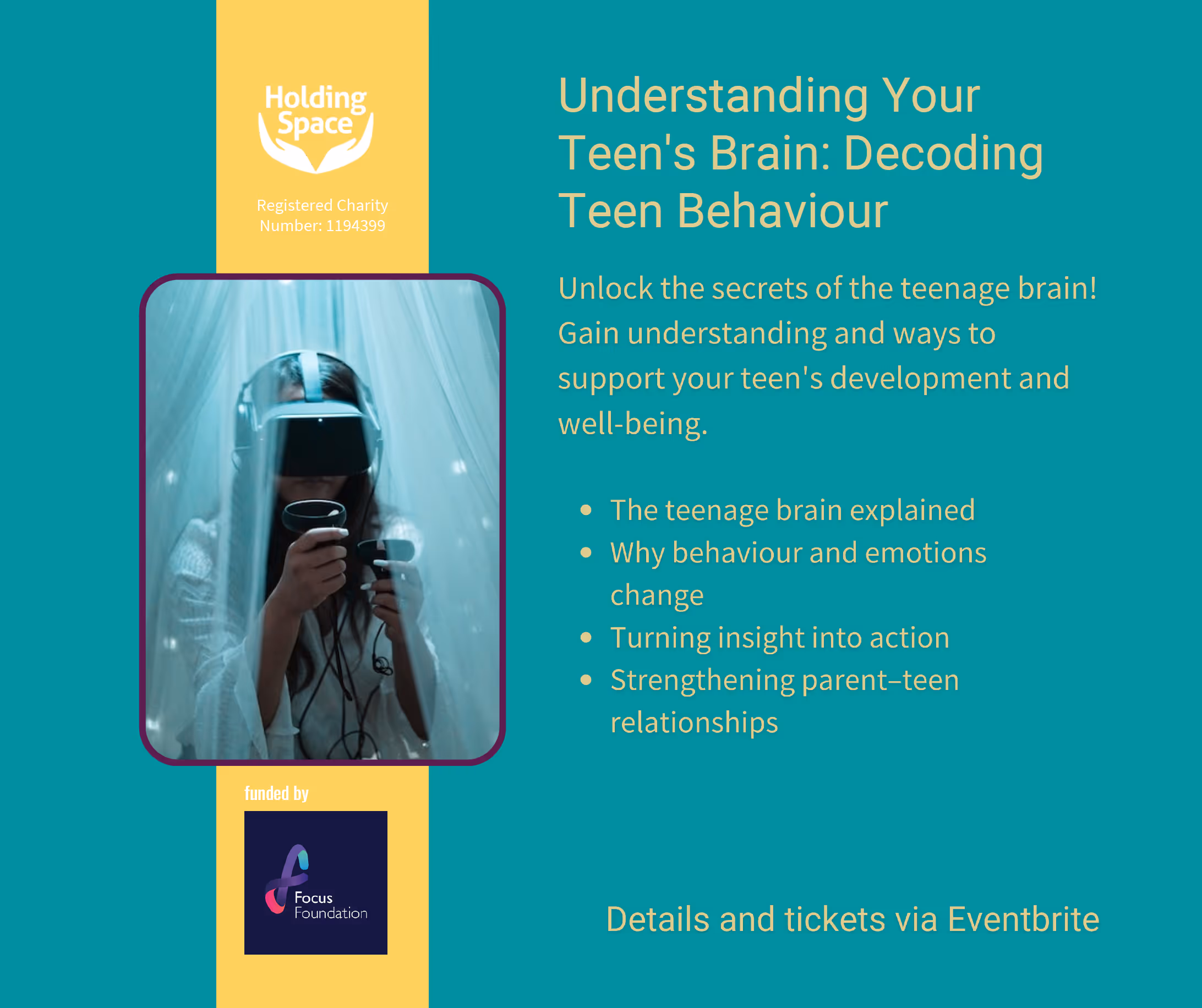 A person holds a phone and uses virtual reality goggles. Title: "Understanding Your Teen's Brain: Decoding Teen Behaviour."