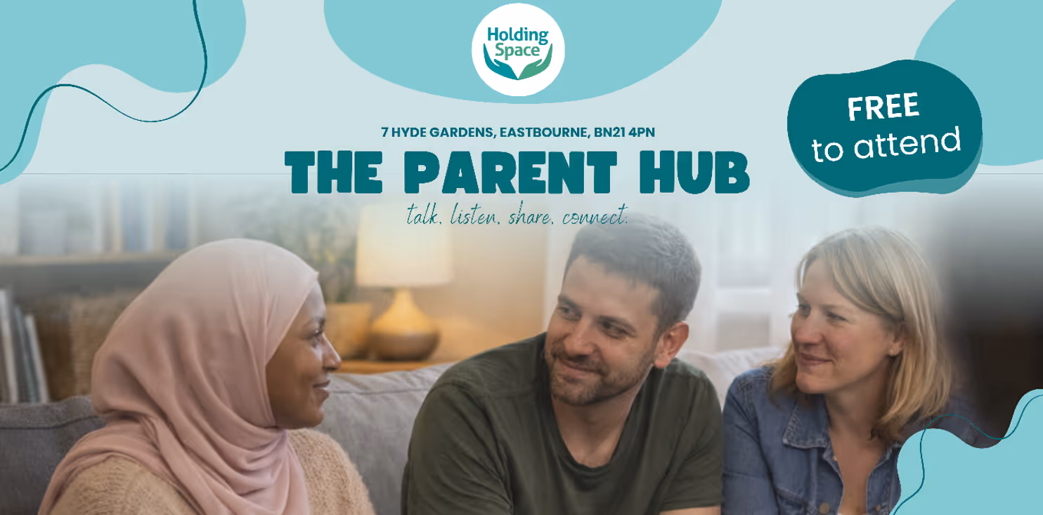 Three people sit together, smiling and talking, promoting "The Parent Hub" event that's free to attend.
