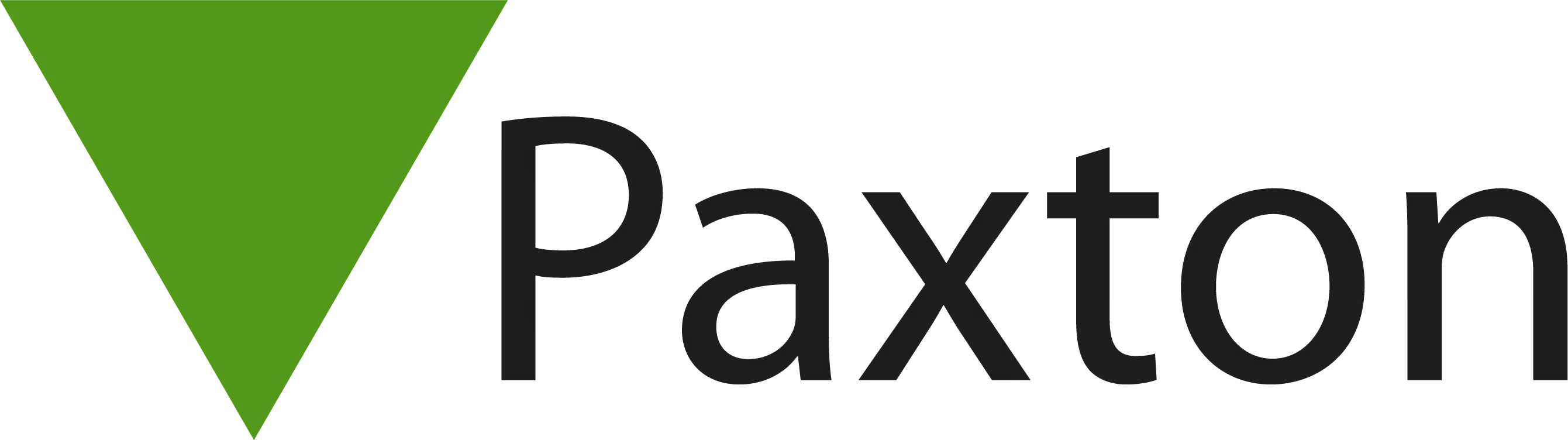 The image shows the Paxton logo, featuring a green triangle followed by the name "Paxton" in bold black letters.