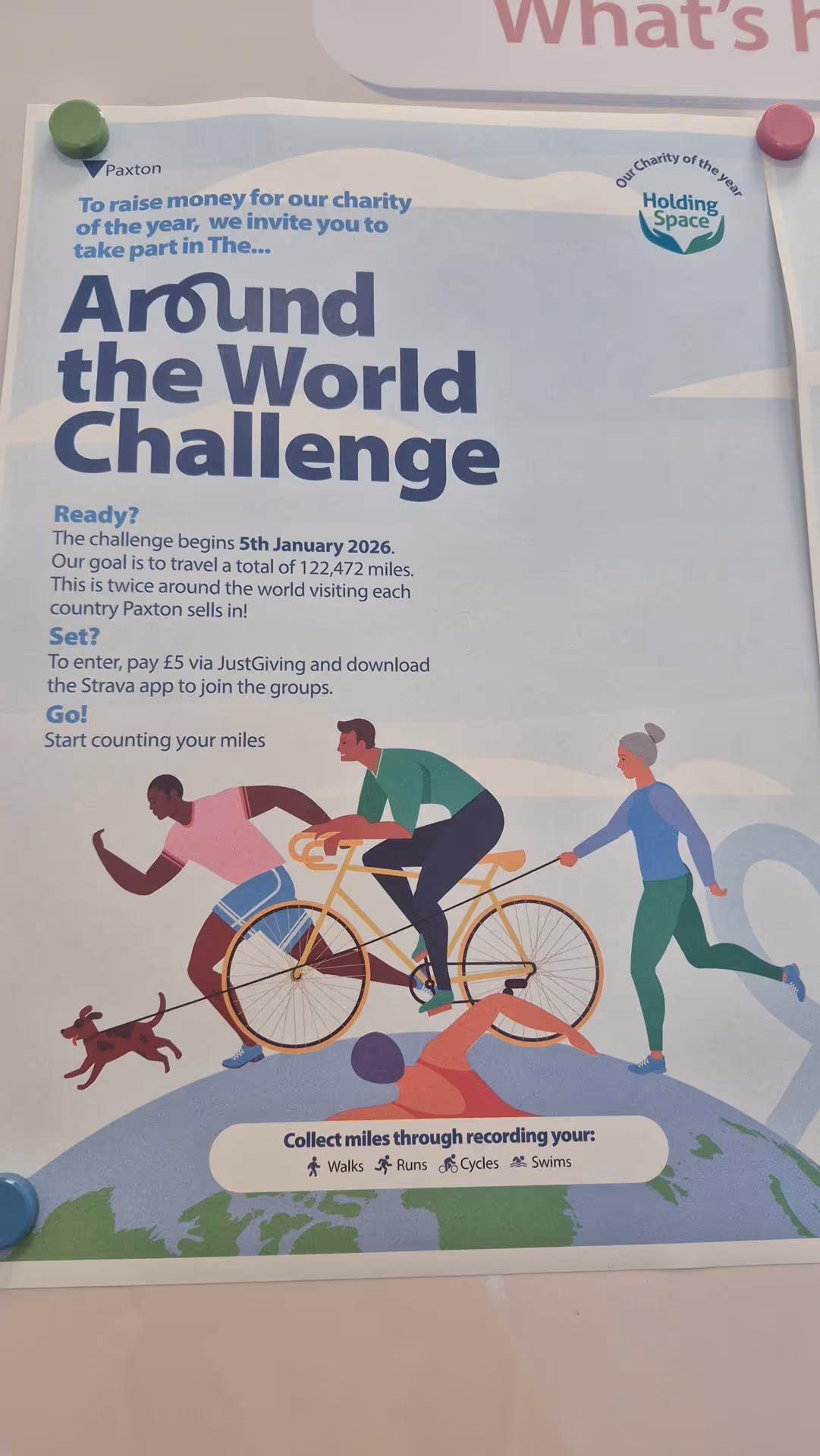 Poster for "Around the World Challenge" inviting participation through activities like walking, running, cycling, and swimming.