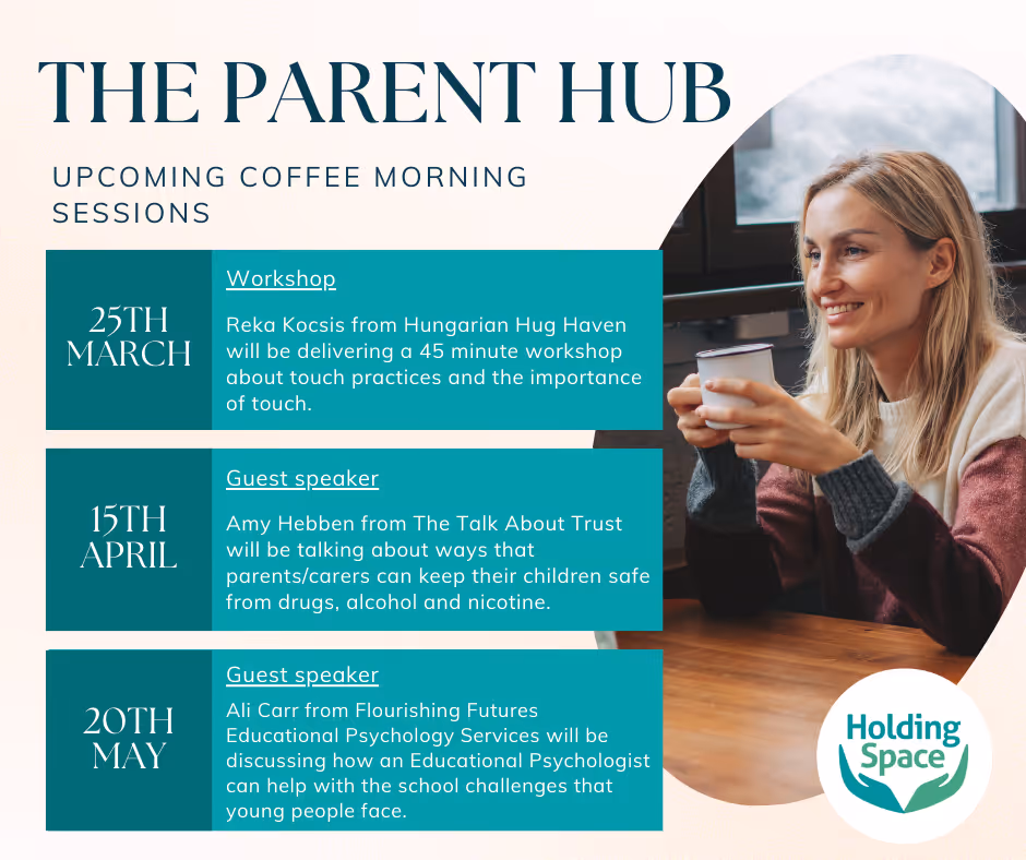 Woman sitting at a table, looking out, with text about upcoming coffee morning sessions and guest speakers.