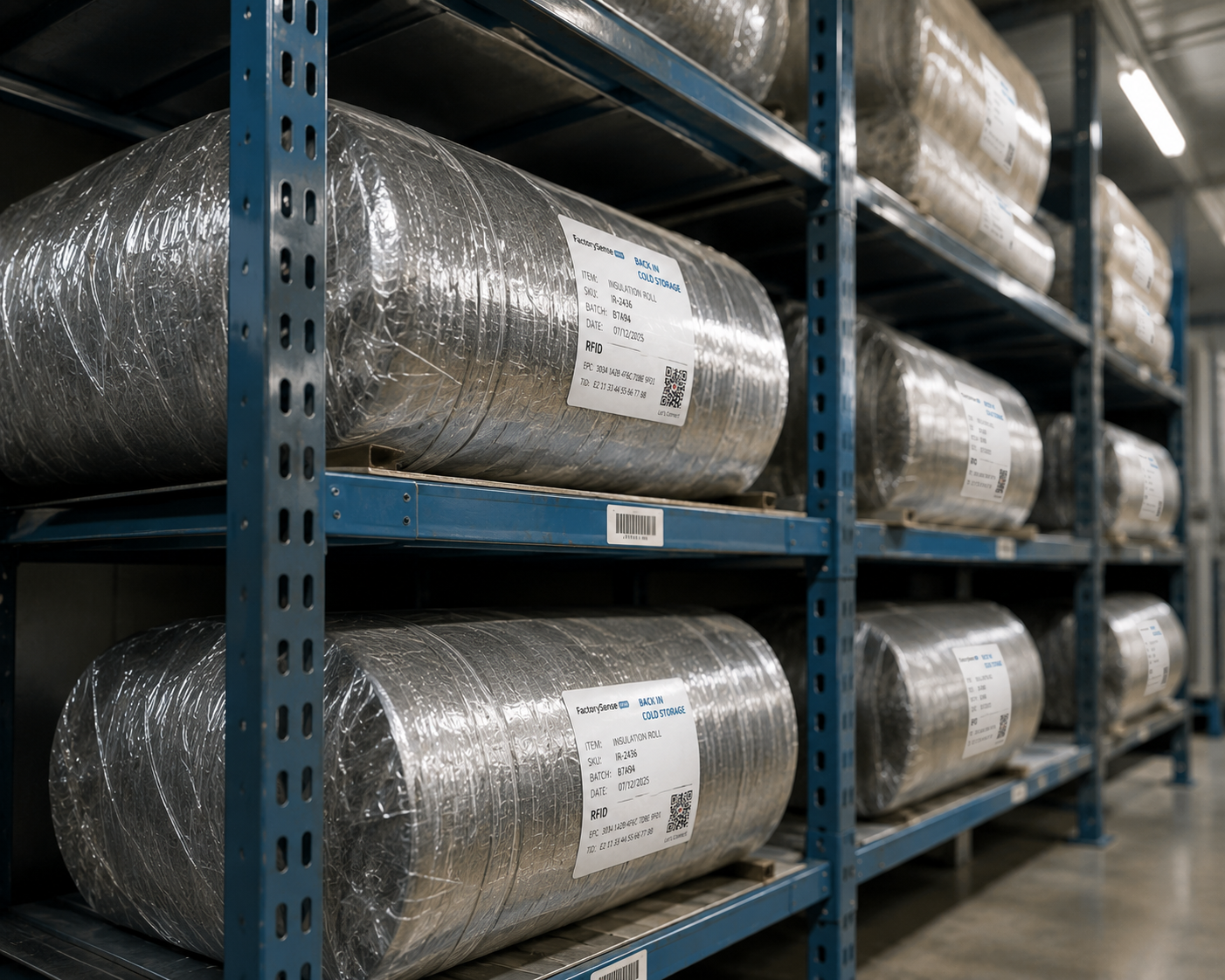 Foil-wrapped insulation rolls stored on blue industrial racks, each tagged with a FactorySense RFID label.
