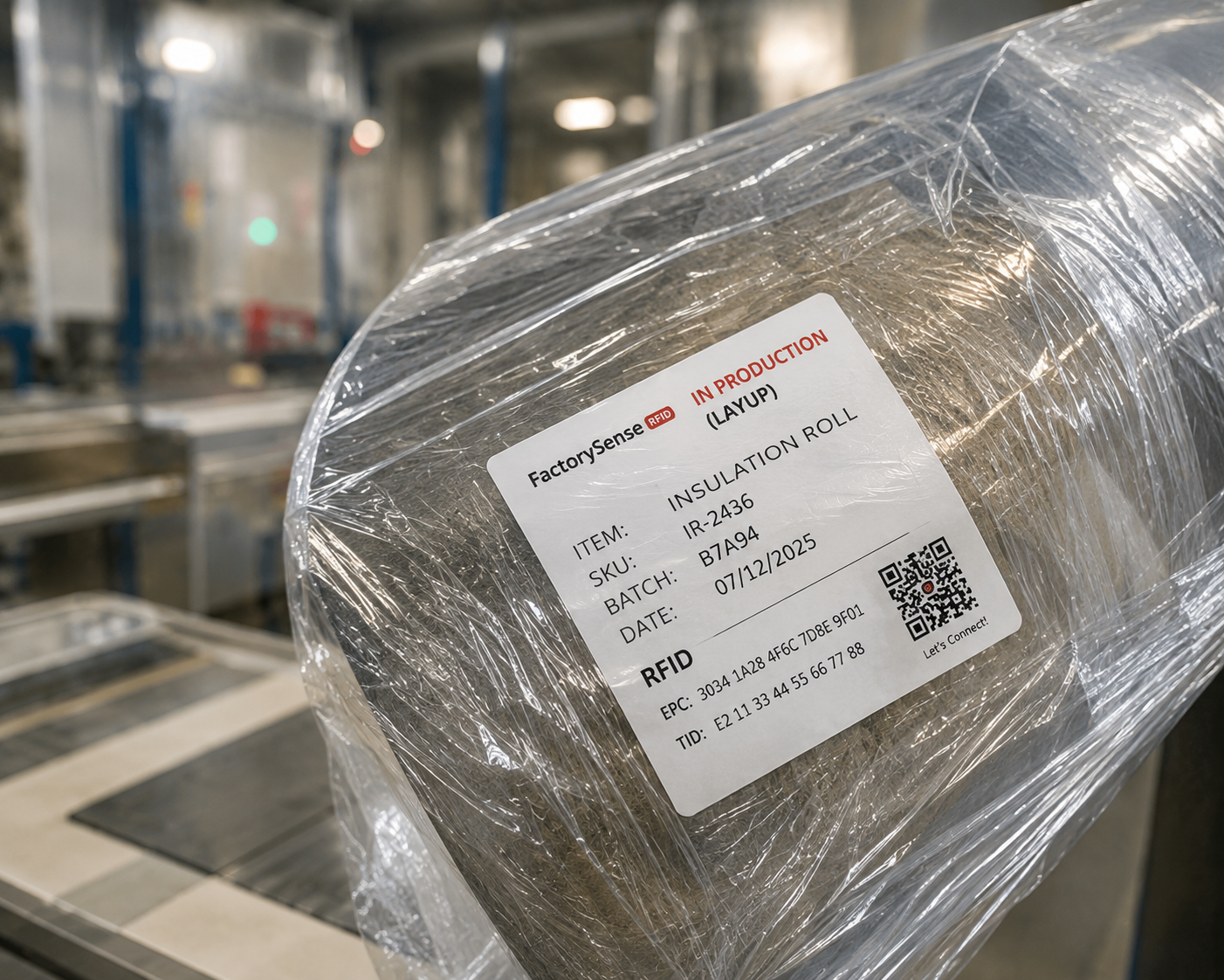 Close-up of a plastic-wrapped insulation roll on a factory line, tagged with a FactorySense RFID production label.