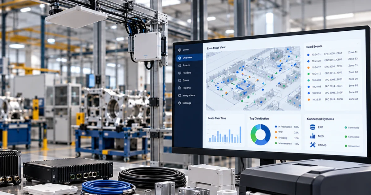 RFID reader infrastructure tracking tagged assets in an industrial staging area