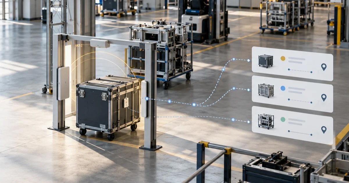 RFID reader portal capturing tagged equipment cases on a manufacturing floor, with a location update shown for each case.