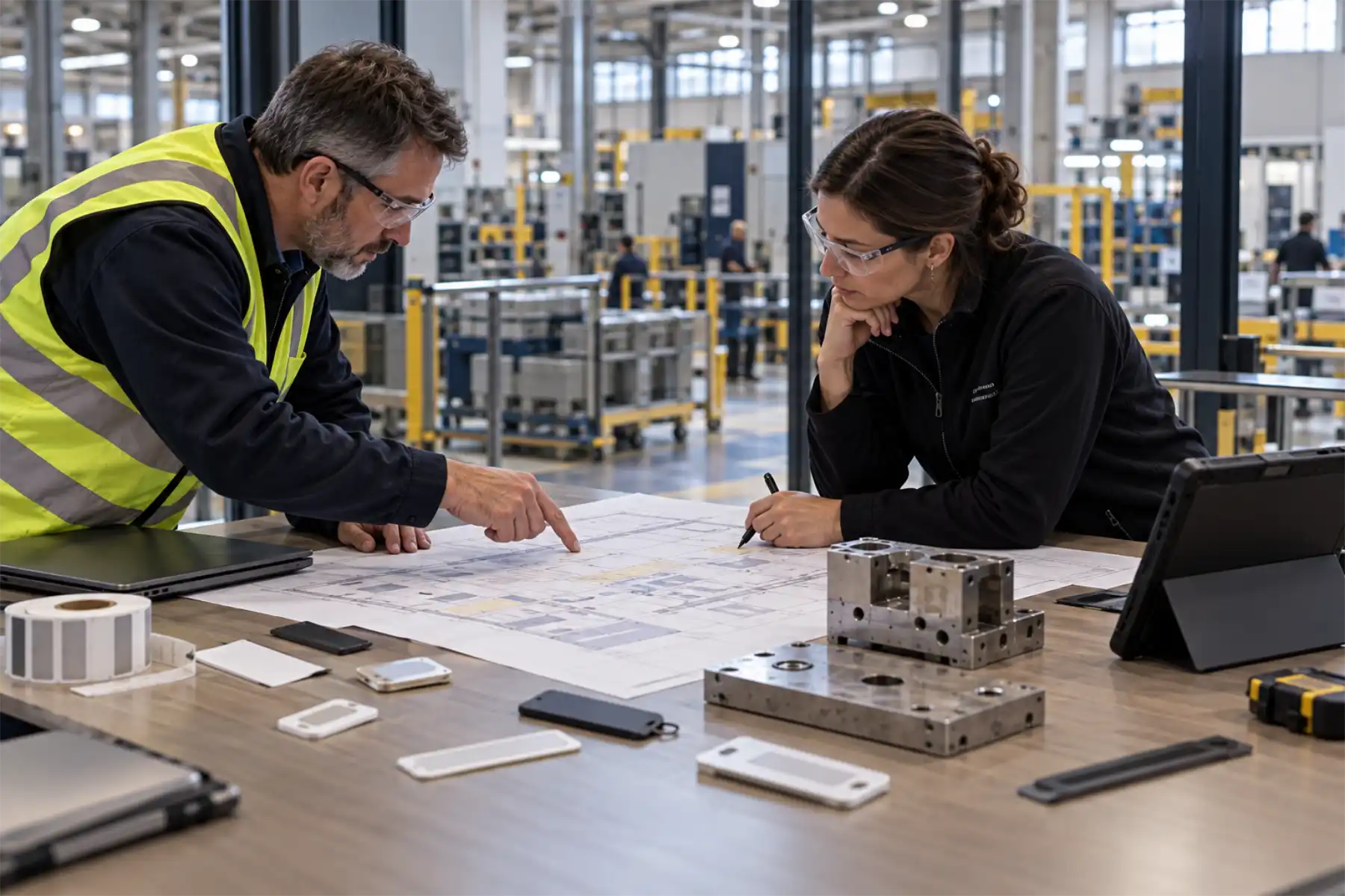 Engineers reviewing an industrial floor plan and RFID tag options