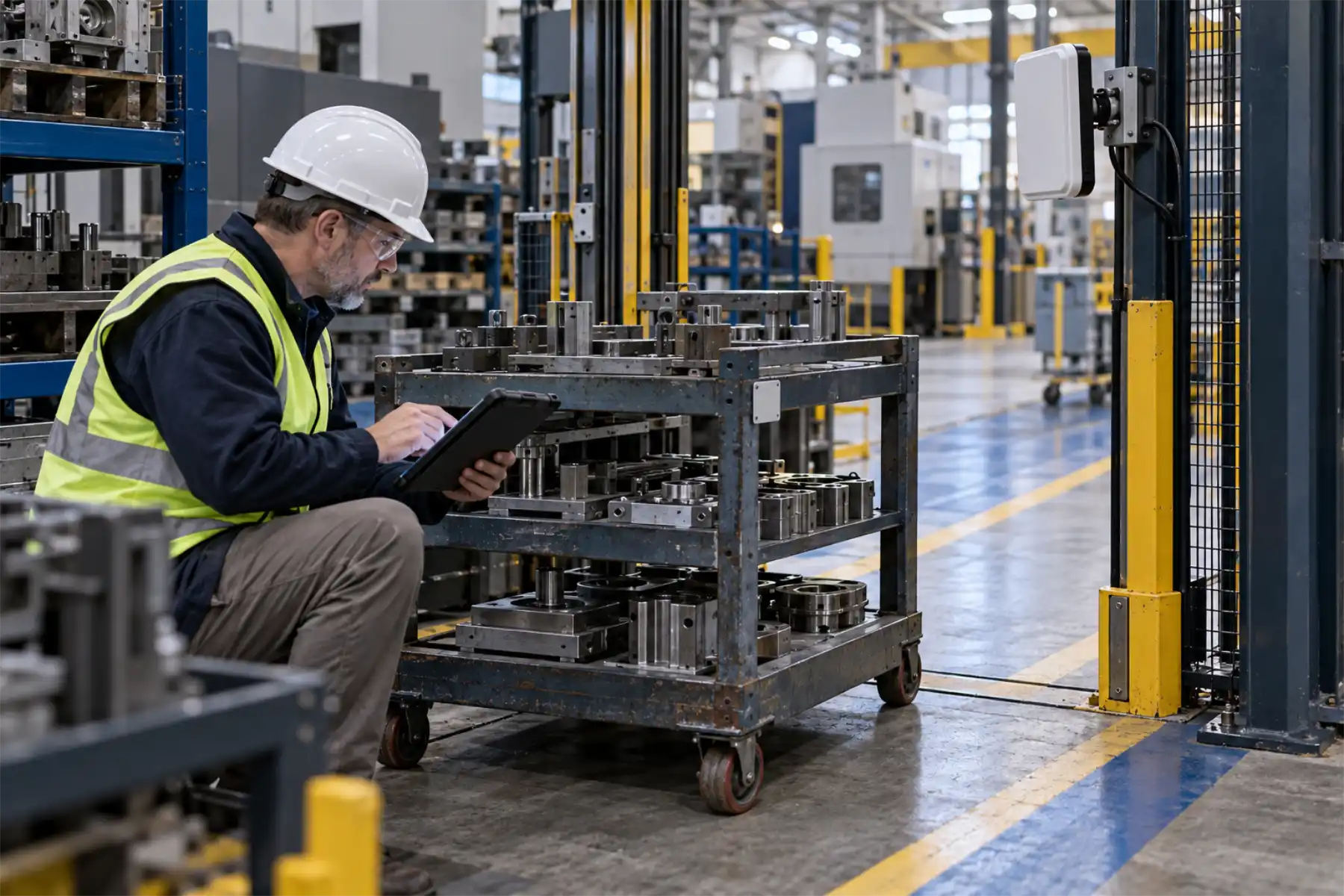 Illustration of an RFID reader gantry over a finished-goods staging lane