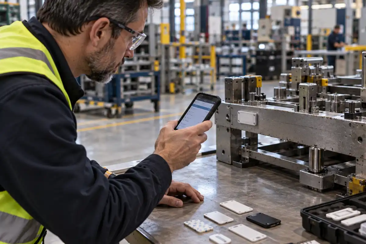 FactorySense engineer evaluates RFID tag placement on metal tooling.