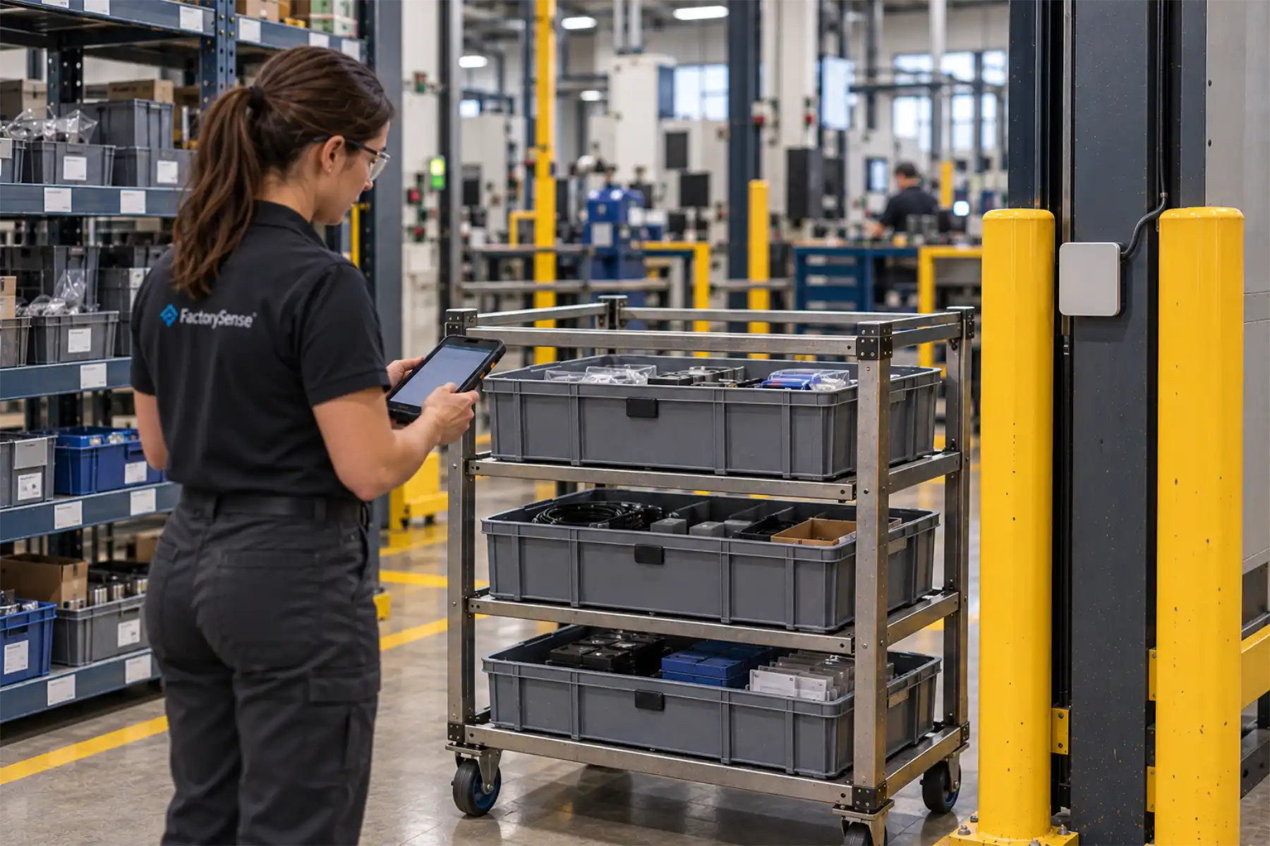 Technician checking a cart of parts bins at an RFID-equipped stockroom handoff.