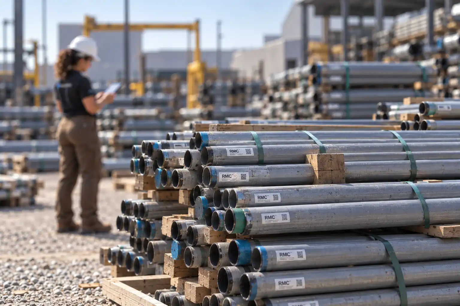Technician working on an RFID system in a pipe laydown yard.