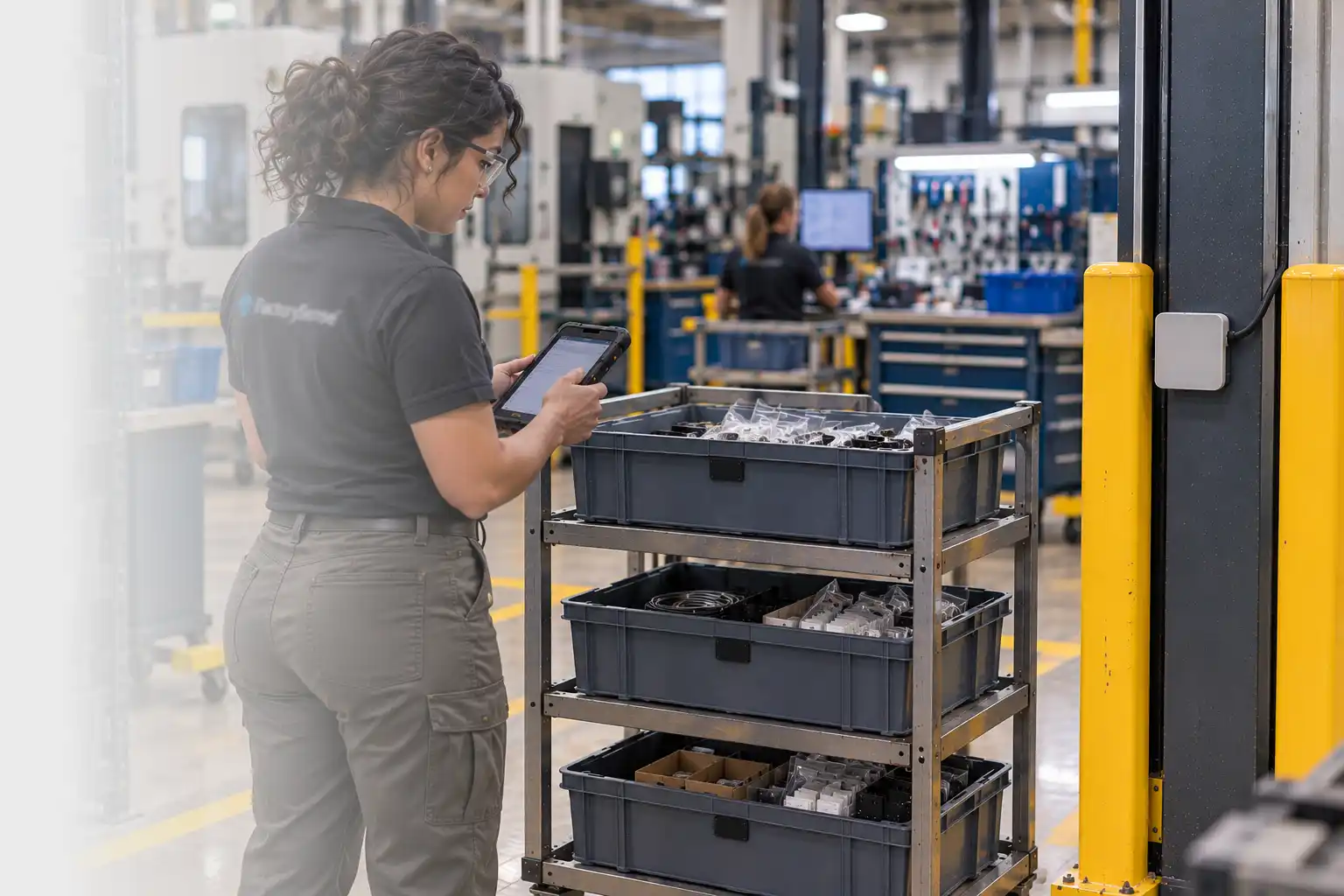 FactorySense technician checking job status on a tablet beside a cart of parts bins on the production floor.