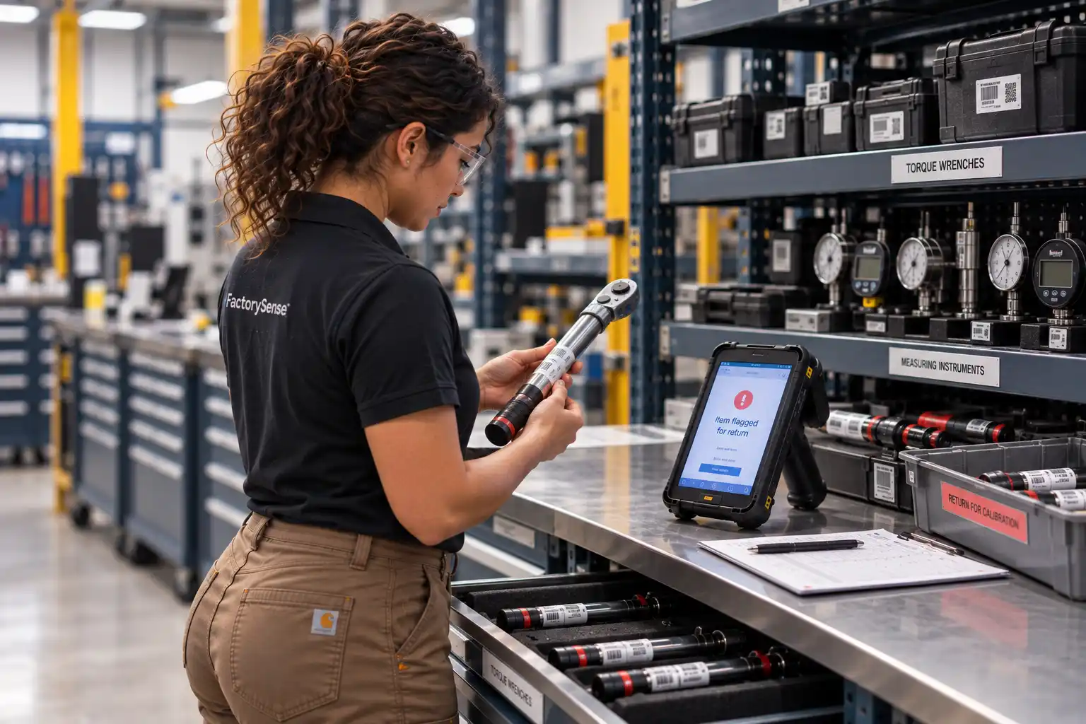 Technician checking an RFID-tagged torque wrench at a tool crib