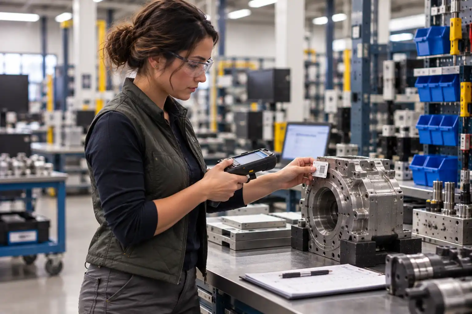 Engineer using a handheld RFID reader to verify a tag on a metal fixture before assigning it to the asset