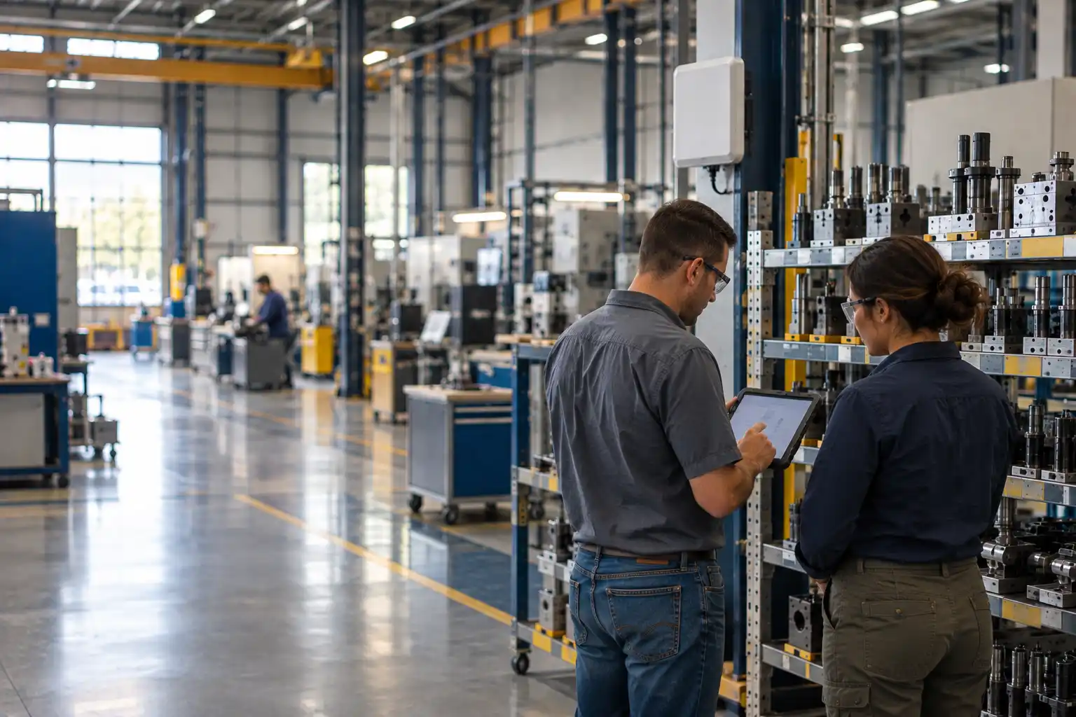 Engineers review RFID tracking data beside tooling in a manufacturing facility.