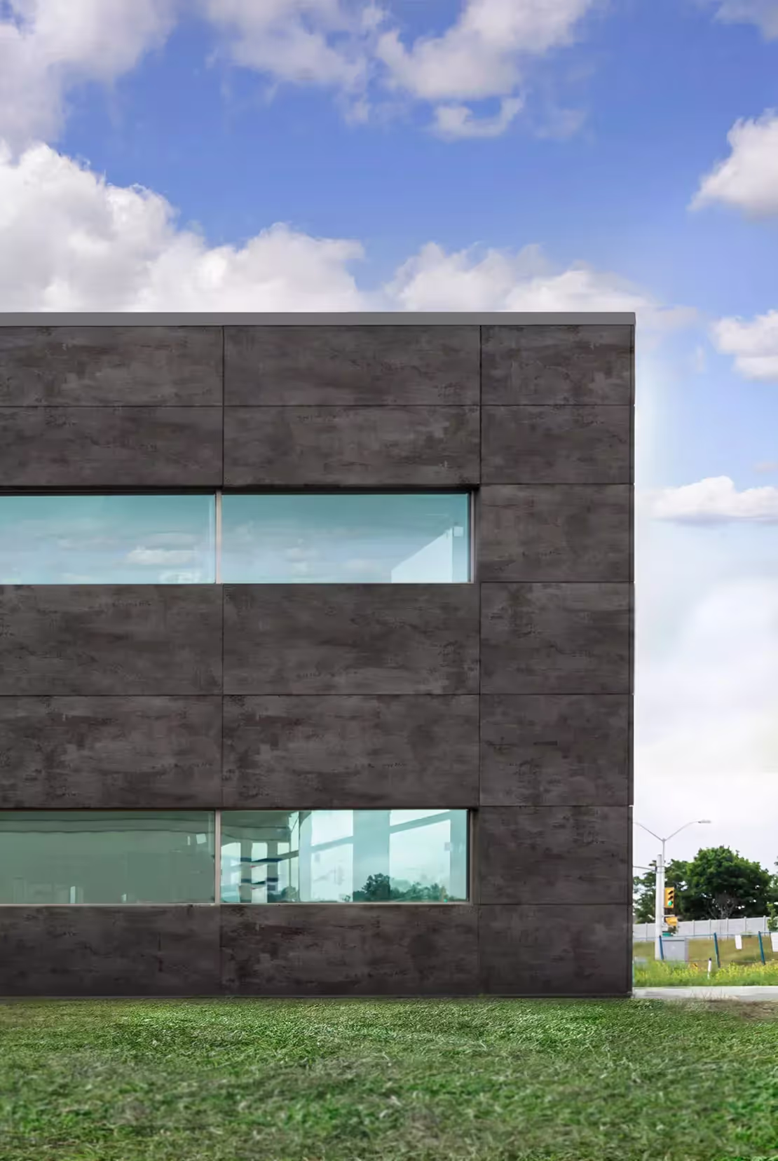 Exterior sintered stone cladding on a commercial building