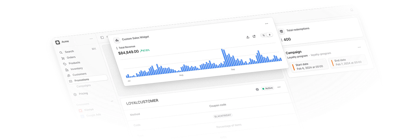 A Medusa admin panel for company Acme, showcasing the customization options in the Admin UI