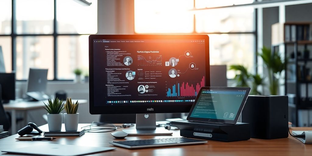 Modern workspace with technology tools for workflow automation.