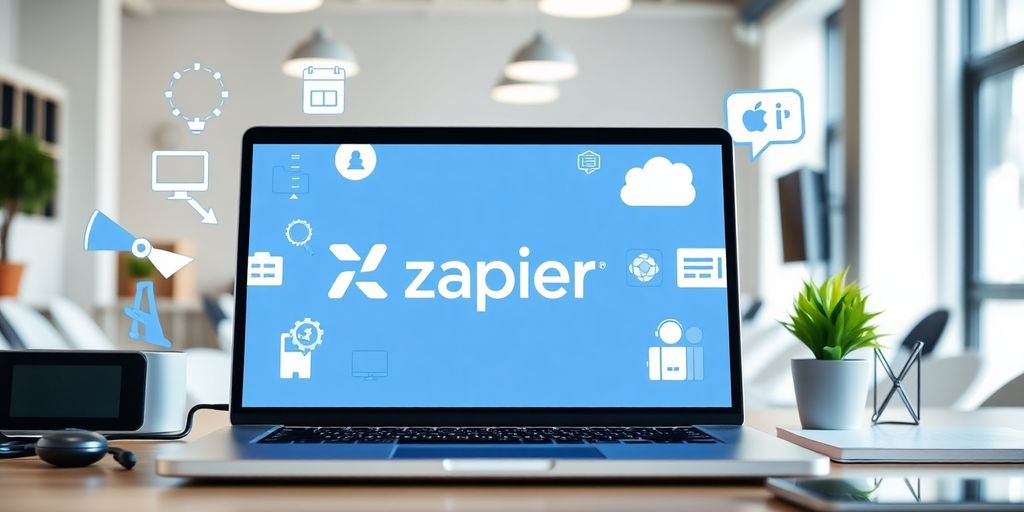 A modern workspace with a laptop and automation tools.