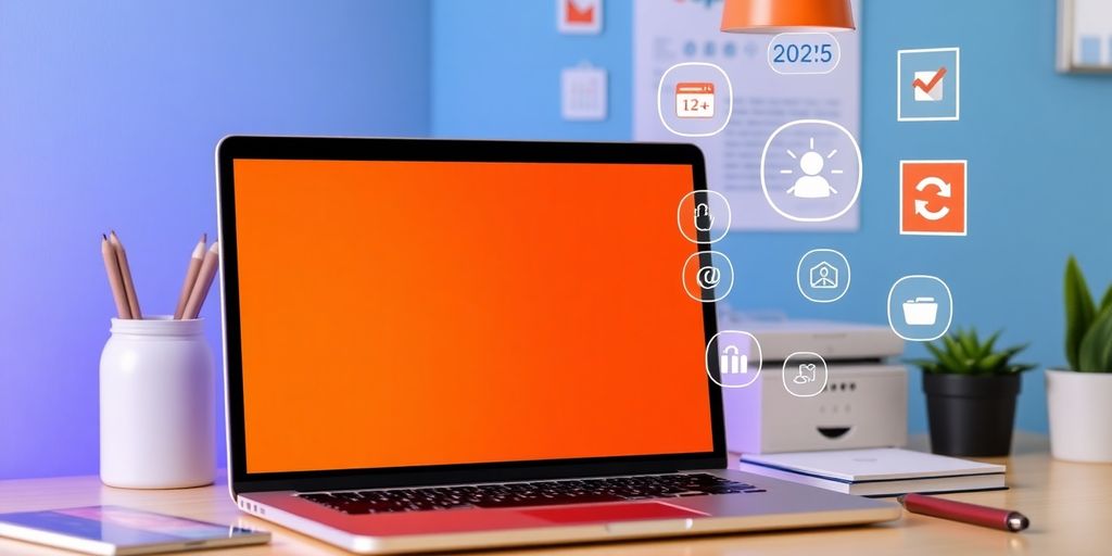 Modern workspace with laptop and automation icons.