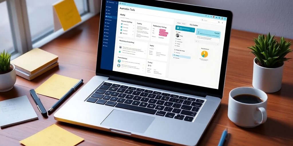 A laptop with automation tools on a desk.