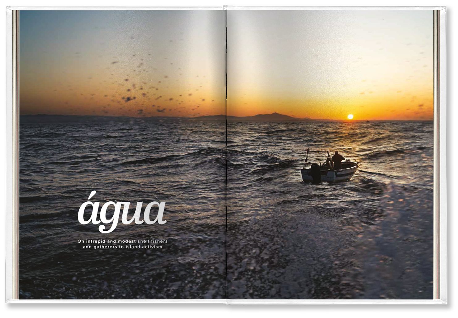 Double page from the Algarve book with a large picture of a fisherman on the sea