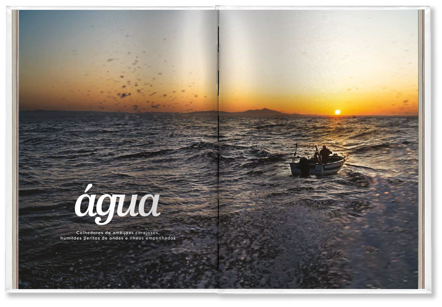 Double page from the Algarve book with a large picture of a fisherman on the sea