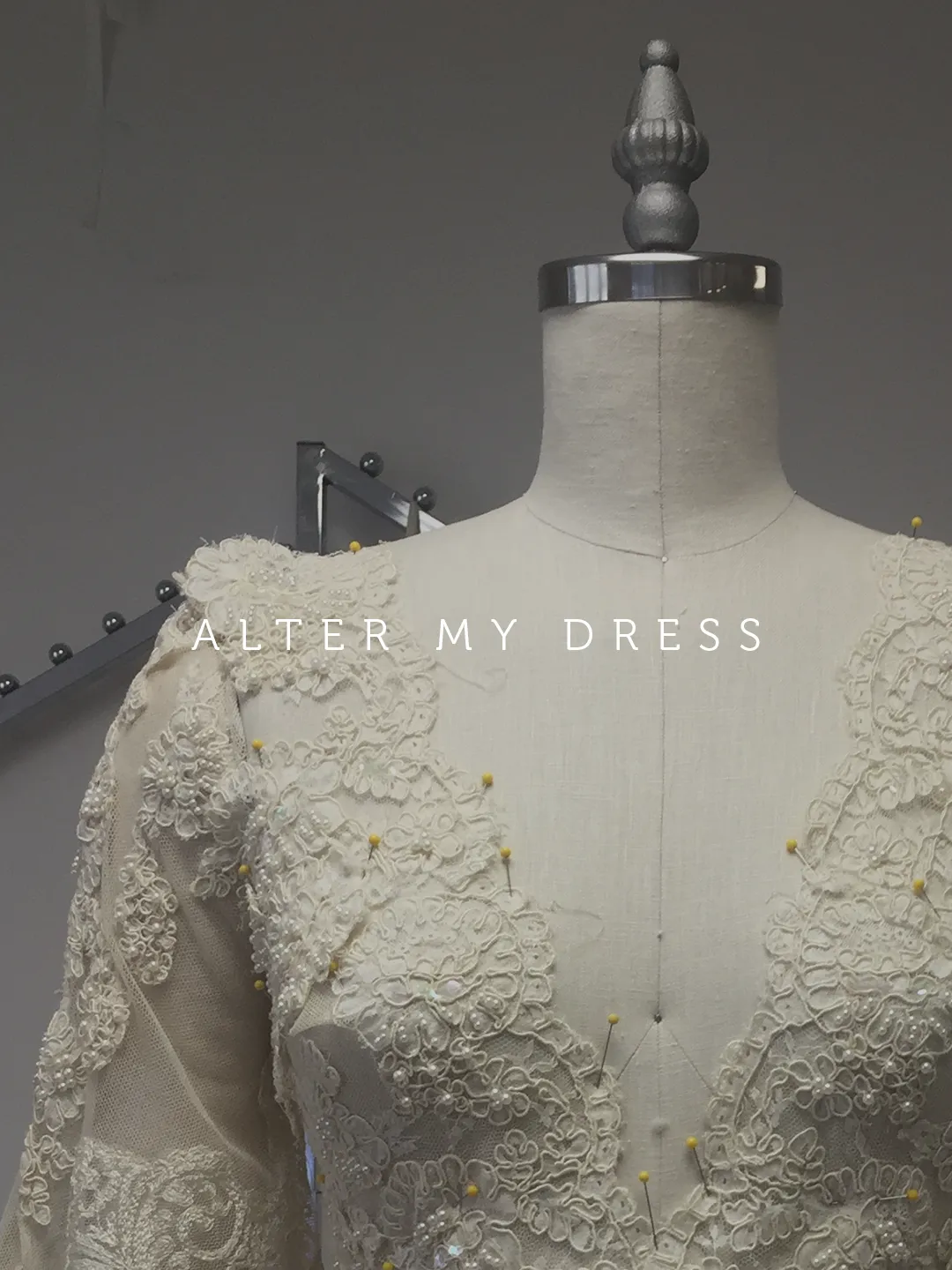 Vintage wedding dress on form at Alter My Dress alteration services in Montgomery County PA location