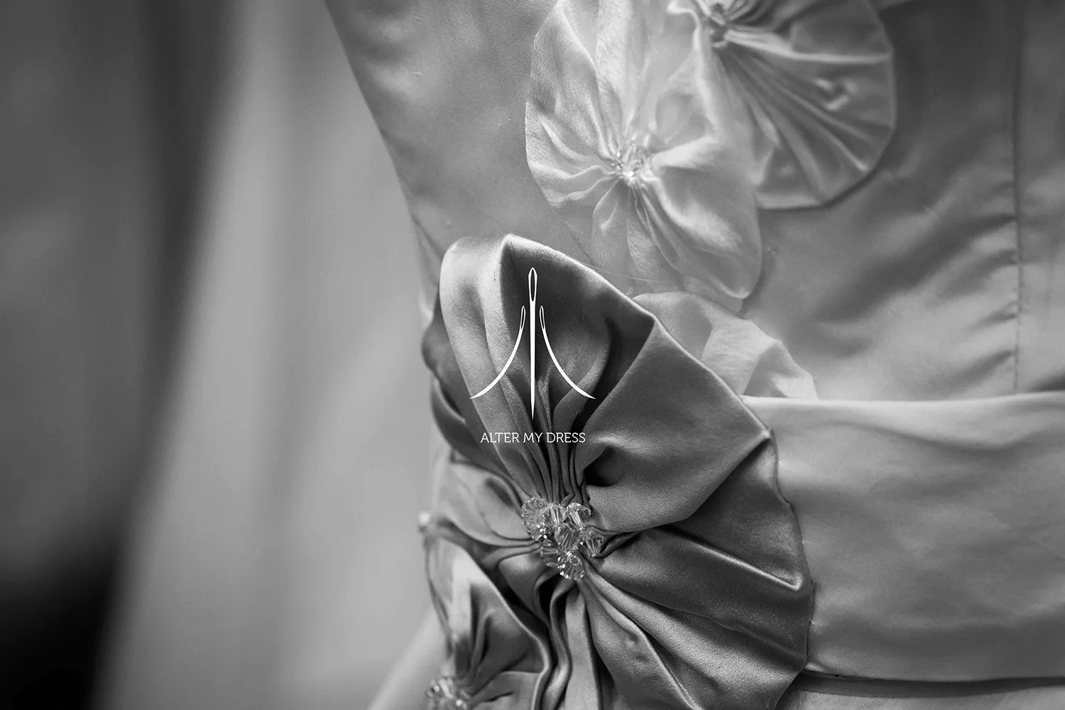 Alter My Dress logo on image of the back of a wedding dress alterations project
