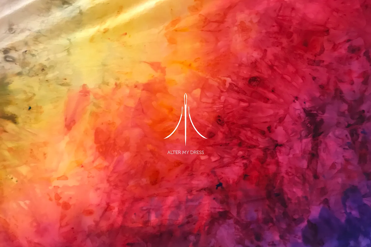 Abstract background with vibrant tie-dye colors transitioning from yellow to red to purple, featuring a white logo and text 'ALTER MY DRESS' in the center.