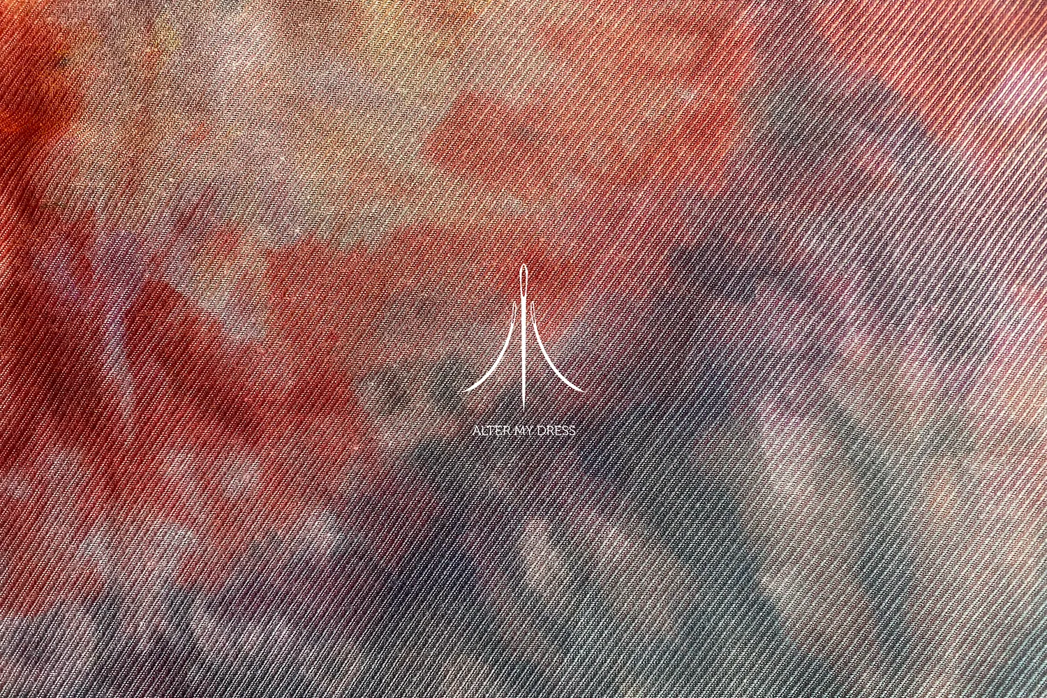 Abstract background with warm red and orange tones featuring a white stylized logo and text 'ALTER MY DRESS' in the center.