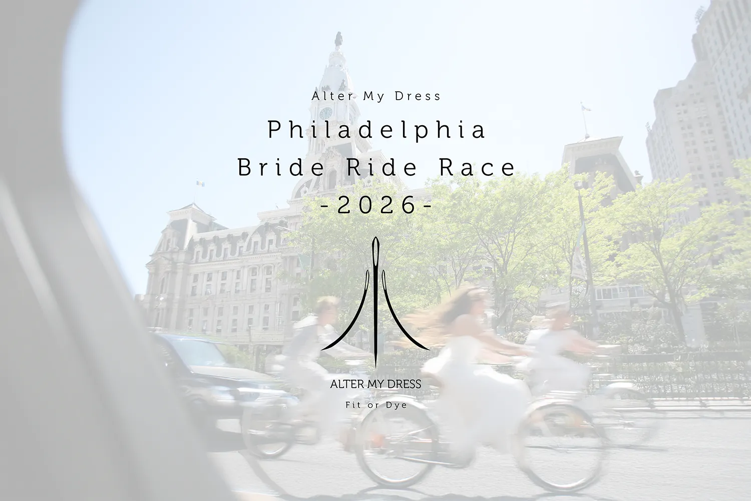 Three AI generated brides in white dresses riding bicycles past Philadelphia City Hall on a sunny day.