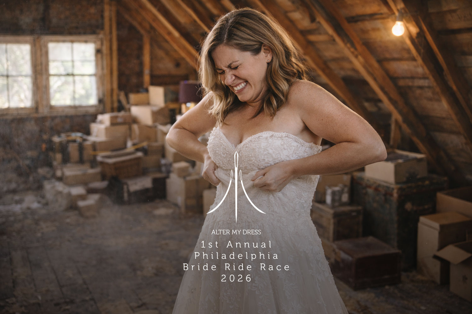 Smiling woman struggling to zip up a strapless wedding dress in a rustic attic filled with boxes.