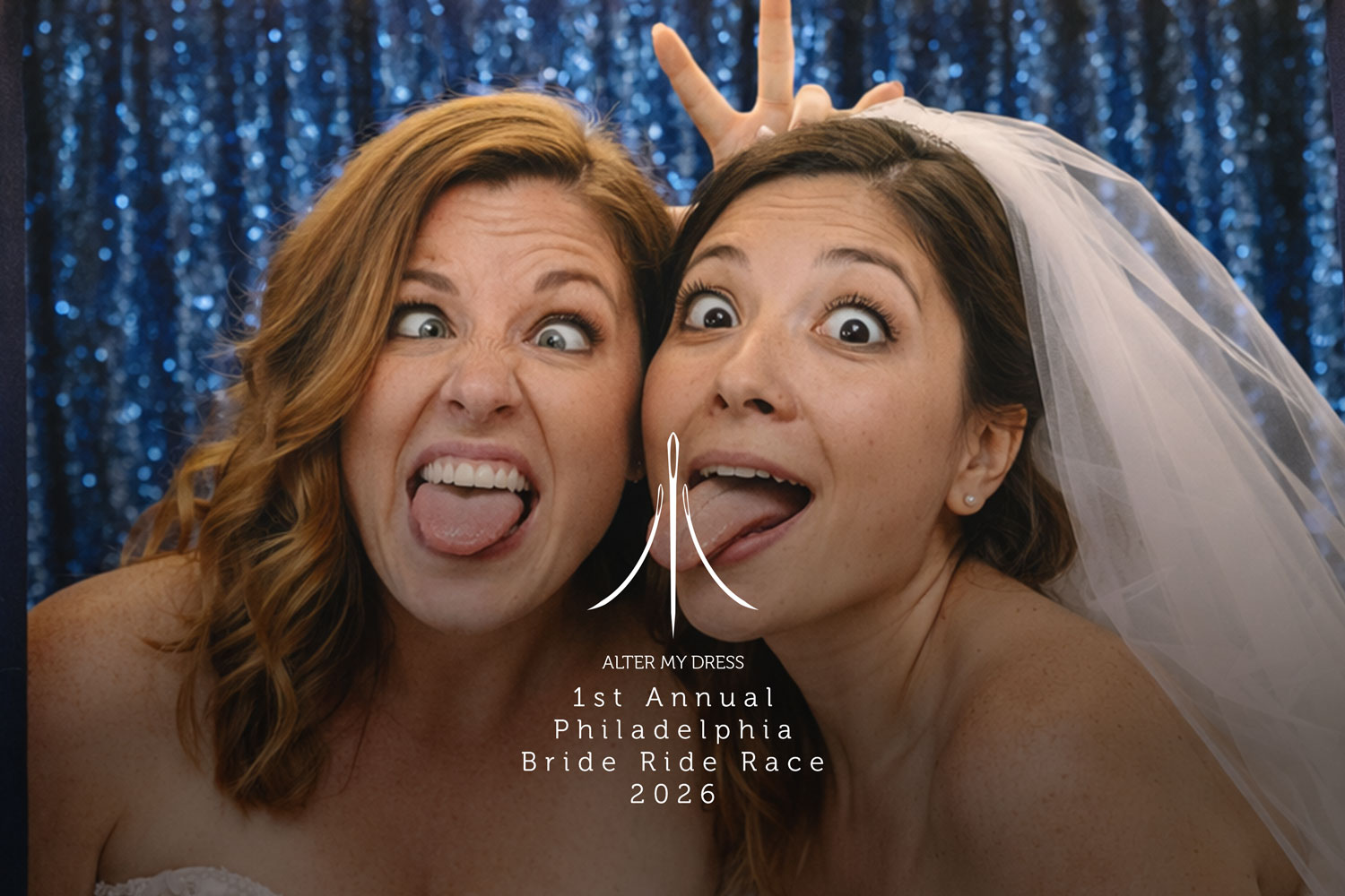 Two women in wedding dresses making playful faces with tongues out against a blue sequined backdrop, one wearing a bridal veil.