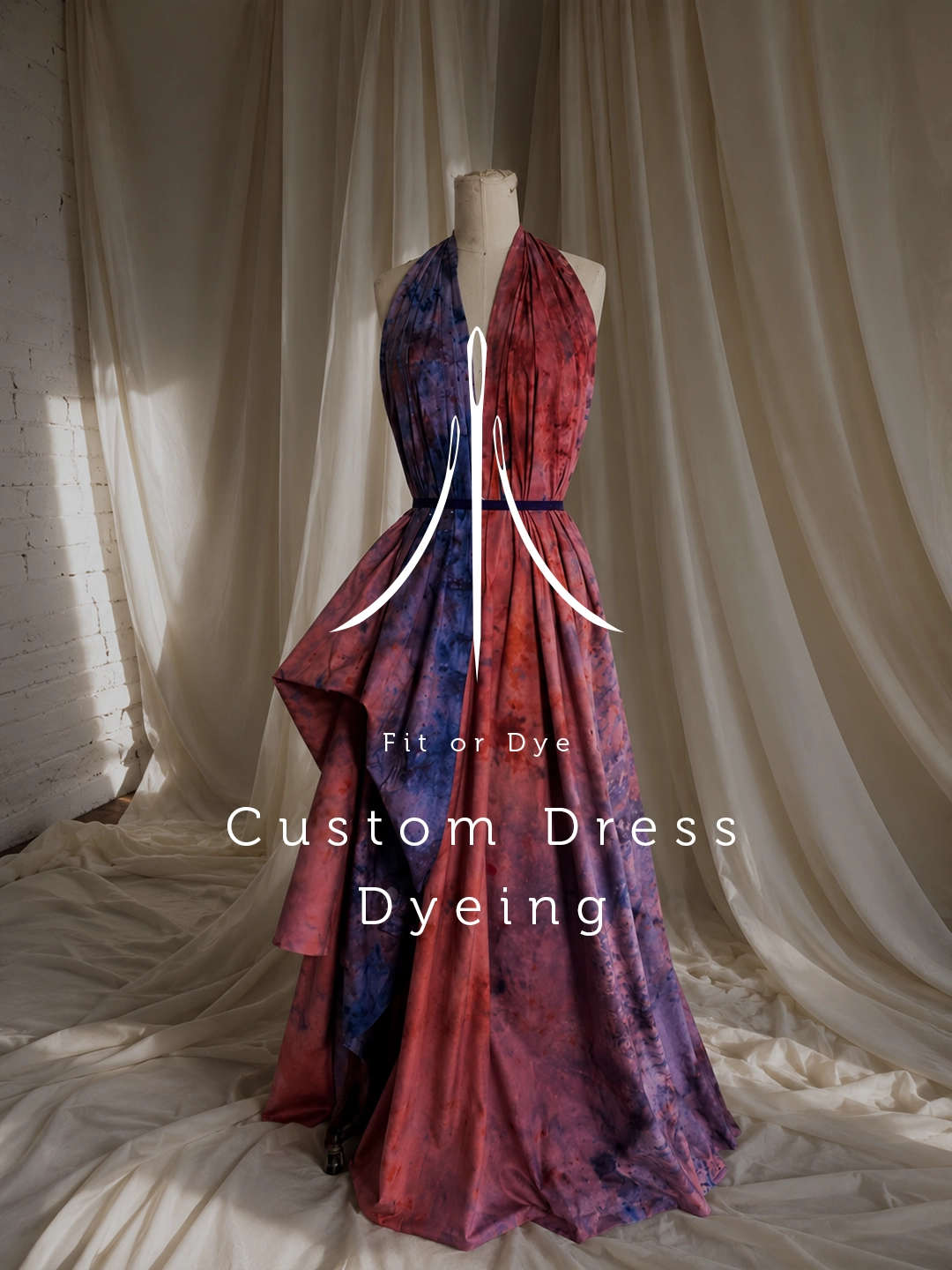 Colored wedding gown on a form. Logo and overlay title Custom Dress Dyeing.